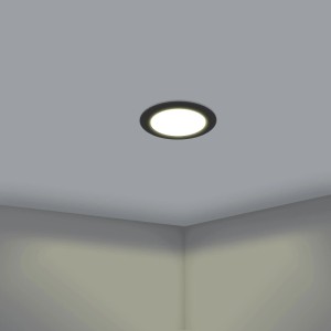 Schwarzer, runder EGLO LED Einbaustrahler CCT dimmbar in heller Decke. Set für vielseitige Beleuchtung.