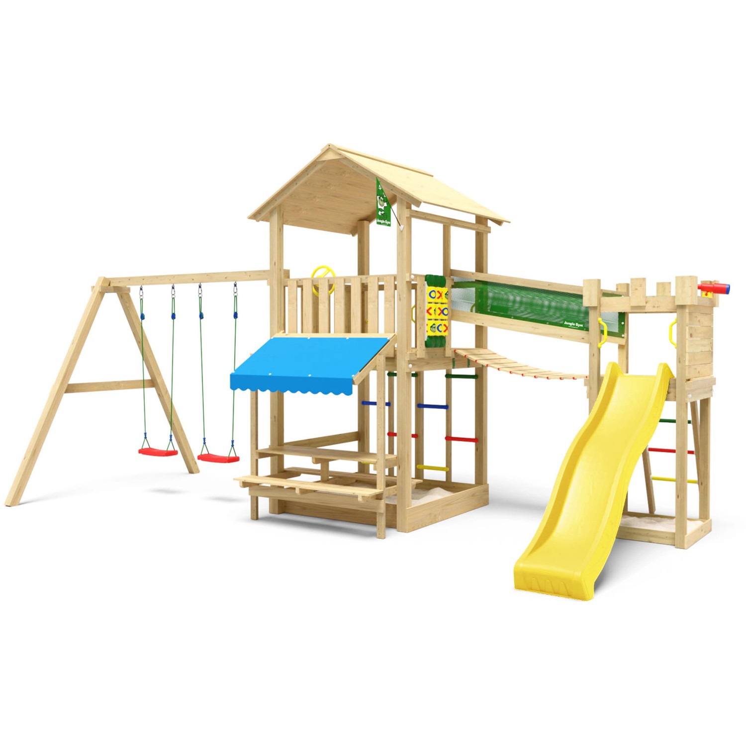 Jungle Gym Spielturm Cascade Holz Picnic m. 2 Schaukeln Brücke Rutsche Gelb günstig online kaufen