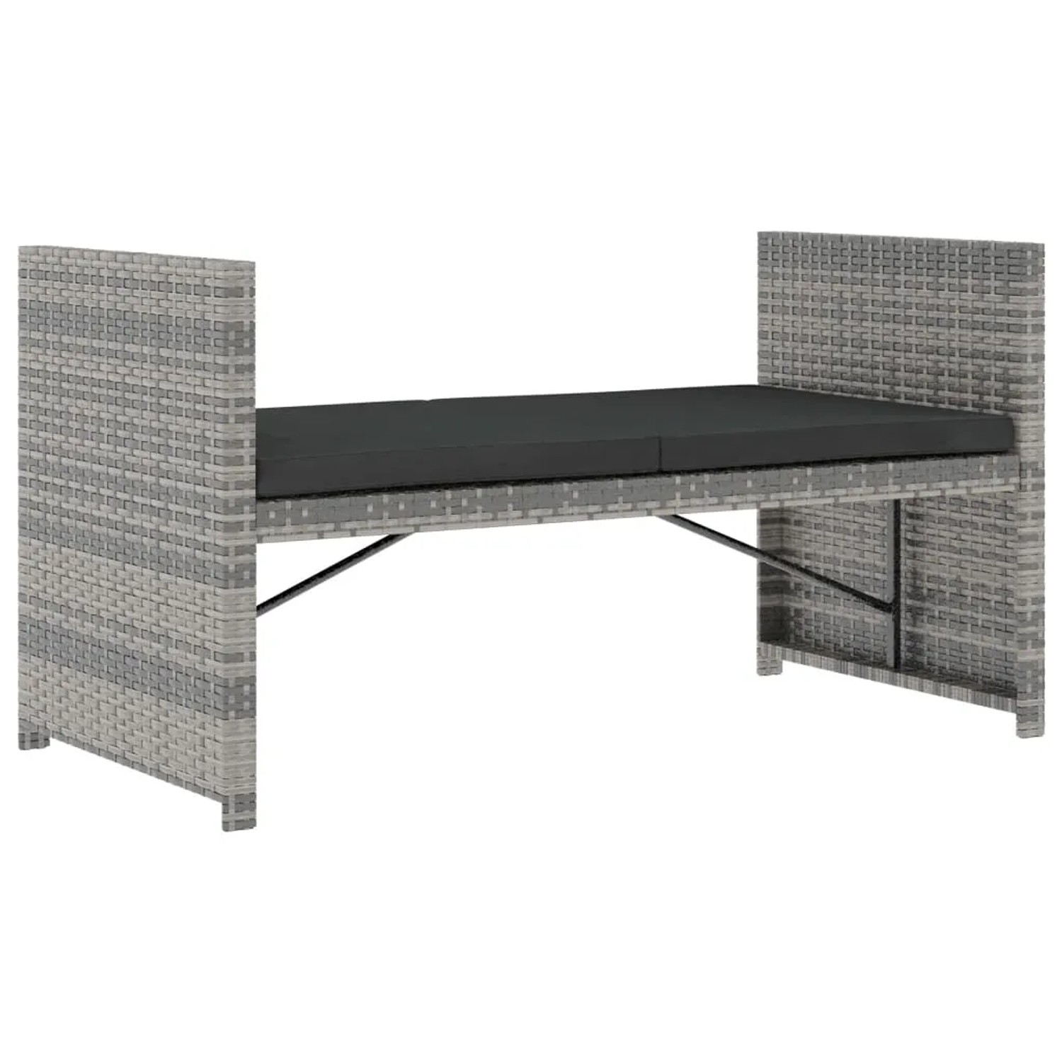 Graue vidaXL Gartenbank aus Rattan mit dunkler Auflage, Teil eines 5-tlg. Lounge Sets.