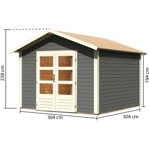 Karibu Holz-Gartenhaus Tessin 2, terragrau, 300x300 cm, inkl. Boden. Gartenlaube mit Doppeltür und Satteldach.