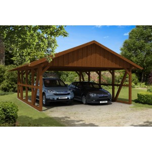 Skan Holz Carport Schwarzwald, Nussbaum, mit zwei geparkten Autos. Holzkonstruktion mit Dachschalung.