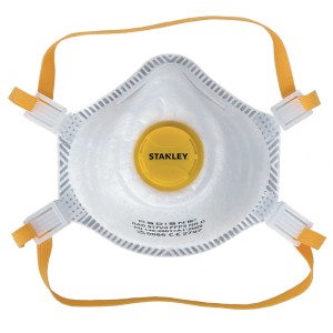 Weiße Stanley FFP3 Einweg-Staubmaske mit gelbem Ausatemventil, elastischen Bändern und Nasenbügel für Atemschutz.
