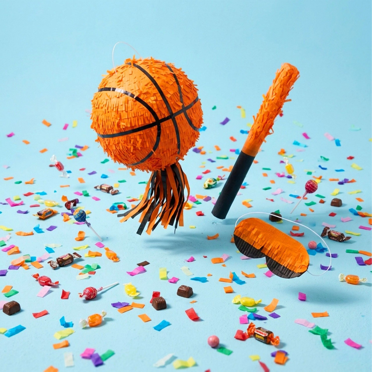 Orange Basketball Piñata Set mit Schlagstock, Augenmaske und Konfetti für Partyspaß.