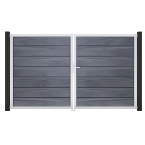 GroJa Grande Steckzaun Tor Premium, DIN links, steingrau. 2-flügeliges Gartentor mit Alu-Rahmen.