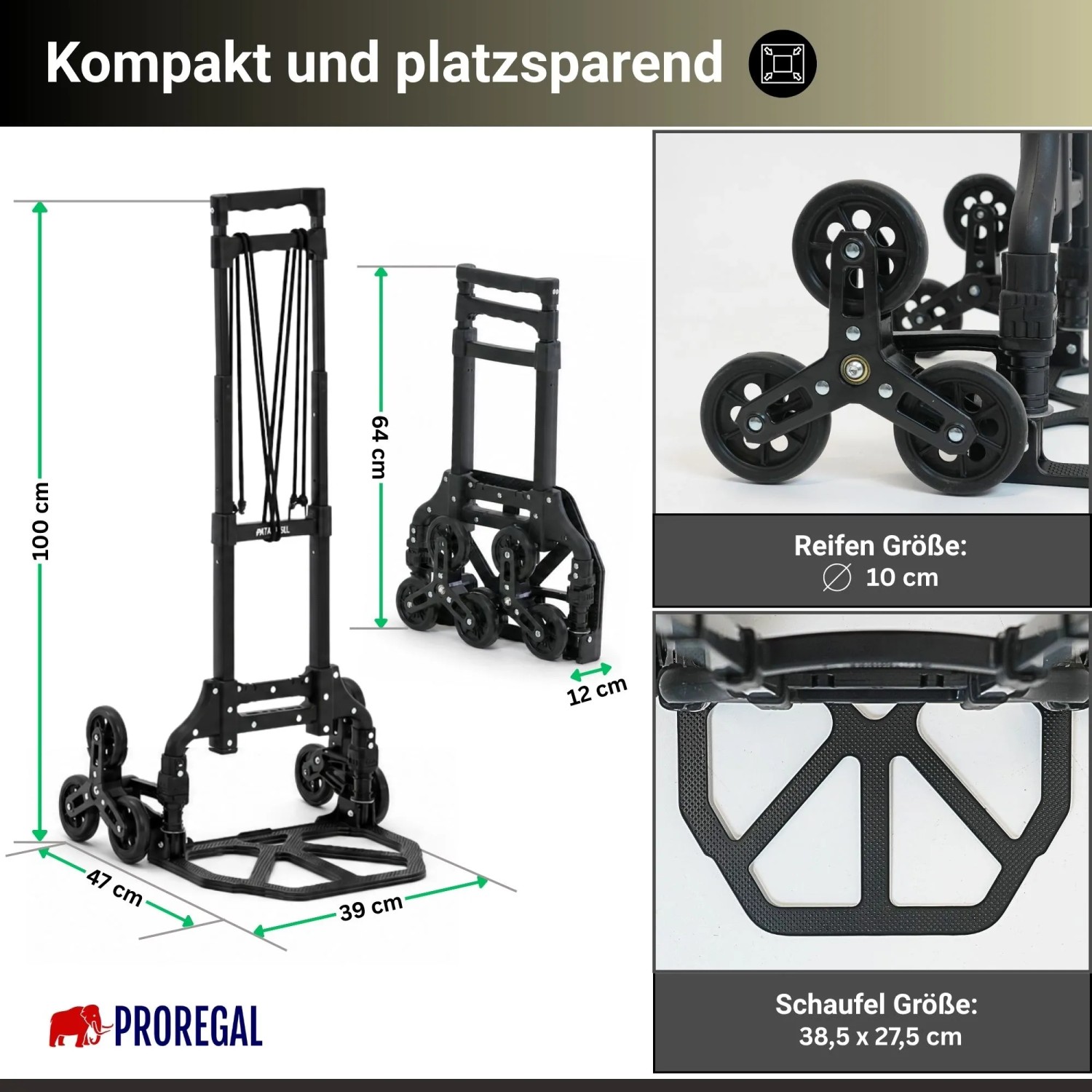 Schwarze klappbare PROREGAL Treppensackkarre ELEPHANT aus Aluminium, ausgeklappt und gefaltet, mit sternförmigen Rädern. Traglast 80kg.