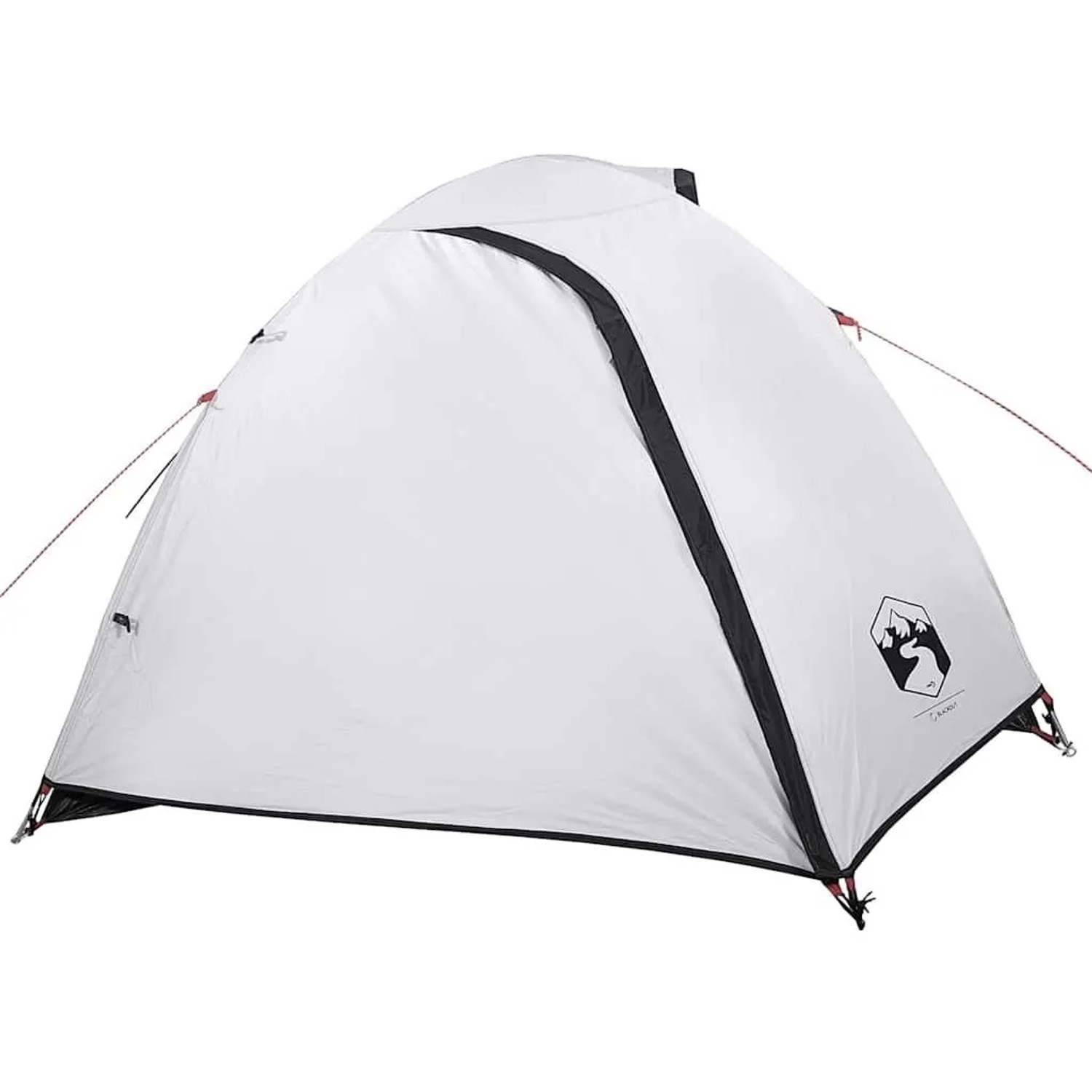 Weißes Furnicato Kuppelzelt für Camping, verdunkelnd, mit schwarzem Reißverschluss und Abspannleinen.