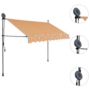 vidaXL Einziehbare Markise, gelb-blau gestreift, mit Handkurbel und LED-Beleuchtung.