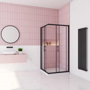 Eckige AICA Duschkabine 80x80 cm mit Schiebetür, schwarzem Rahmen und Sicherheitsglas in modernem Bad.