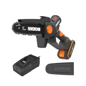 Worx Einhand-Astsäge WG327E 20 V mit Akku, Ladegerät und Schwertschutz.