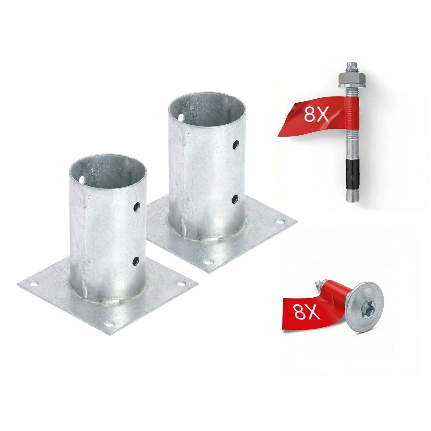 HOLLMAX 2 Stk. Aufschraubhülse/Pfostenträger 80 mm Komplettset Verzinkt Silber für Rundholzpfosten