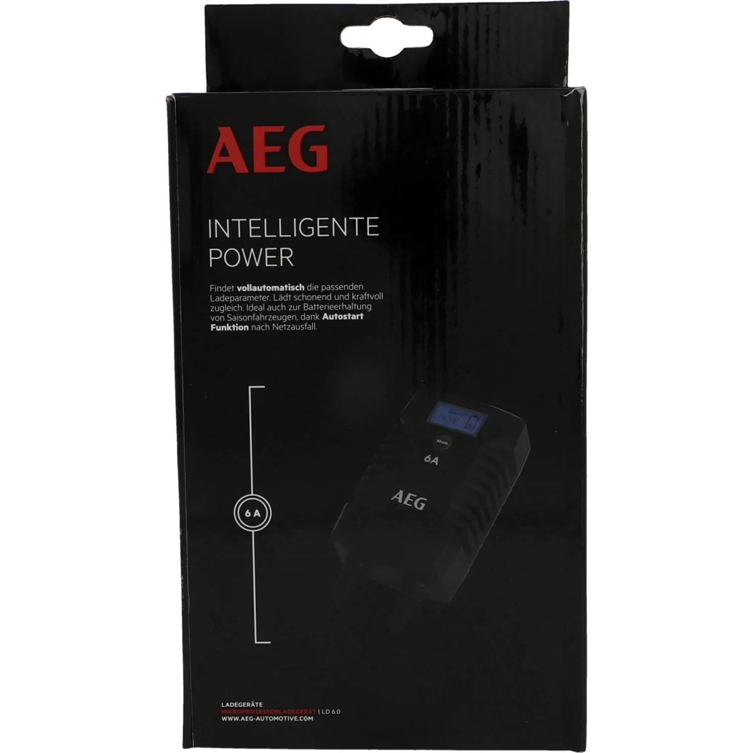 Verpackung des AEG Mikroprozessor-Ladegeräts LD 6 A für Autobatterien.