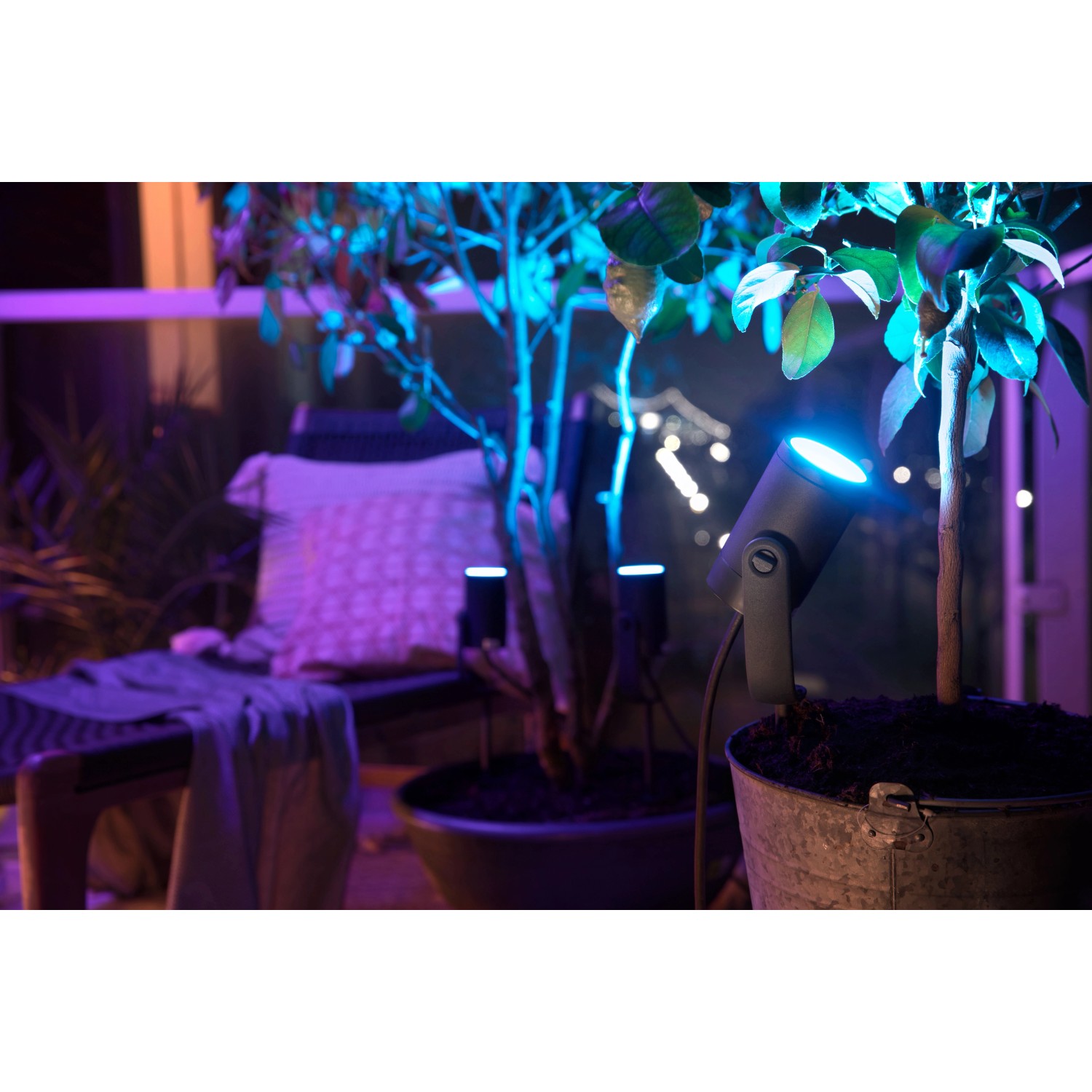 Philips Hue Lily LED-Gartenstrahler, 1-flammig, schwarz, mit farbigem Licht im Garten.