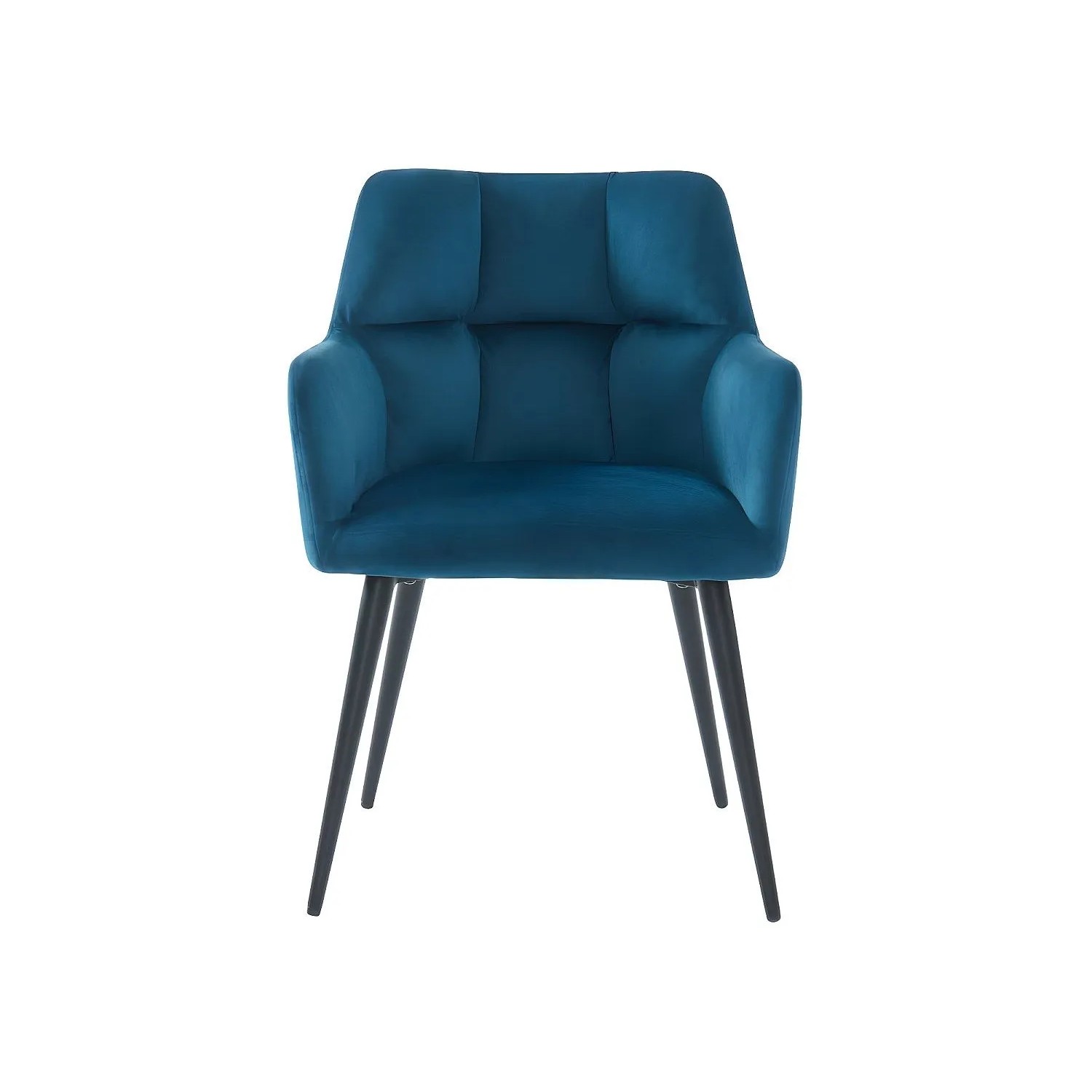 Eleganter Esszimmerstuhl in tiefem Blau aus Samt, mit schwarzen, schlanken Beinen. Ideal für moderne Essgruppen.