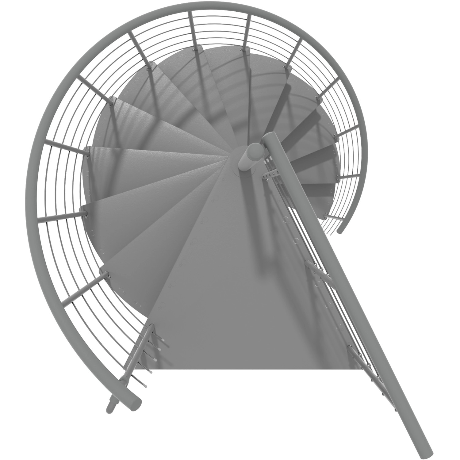 Graue Minka Spindeltreppe Milano, Durchmesser 140 cm, von oben. Innentreppe mit Metallstufen und Geländer.