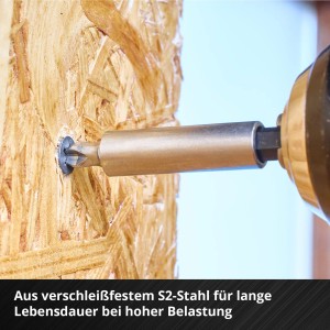Einhell Werkzeugkoffer: Schraubendreher mit Bit schraubt Schraube in Holz.