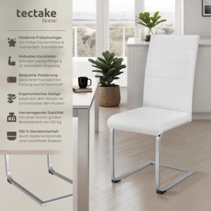 Weißer Tectake Schwingstuhl mit gepolstertem Kunstlederbezug, hoher Rückenlehne und Metallrahmen. Modernes 4er Set Esszimmerstühle.