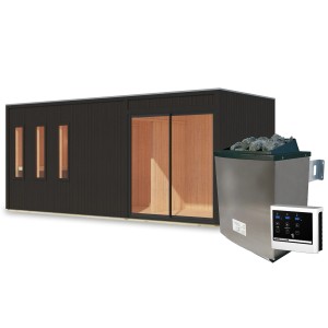 Karibu Saunahaus Huelva mit Ofen (9 kW, extern) in Schwarz. Inklusive Vorraum und Ofenschutzgitter.