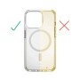 Hama MagCase Extreme Protect Handyhülle für iPhone 15, transparent. Links klar, rechts vergilbt. Demonstriert Anti-Vergilbung.