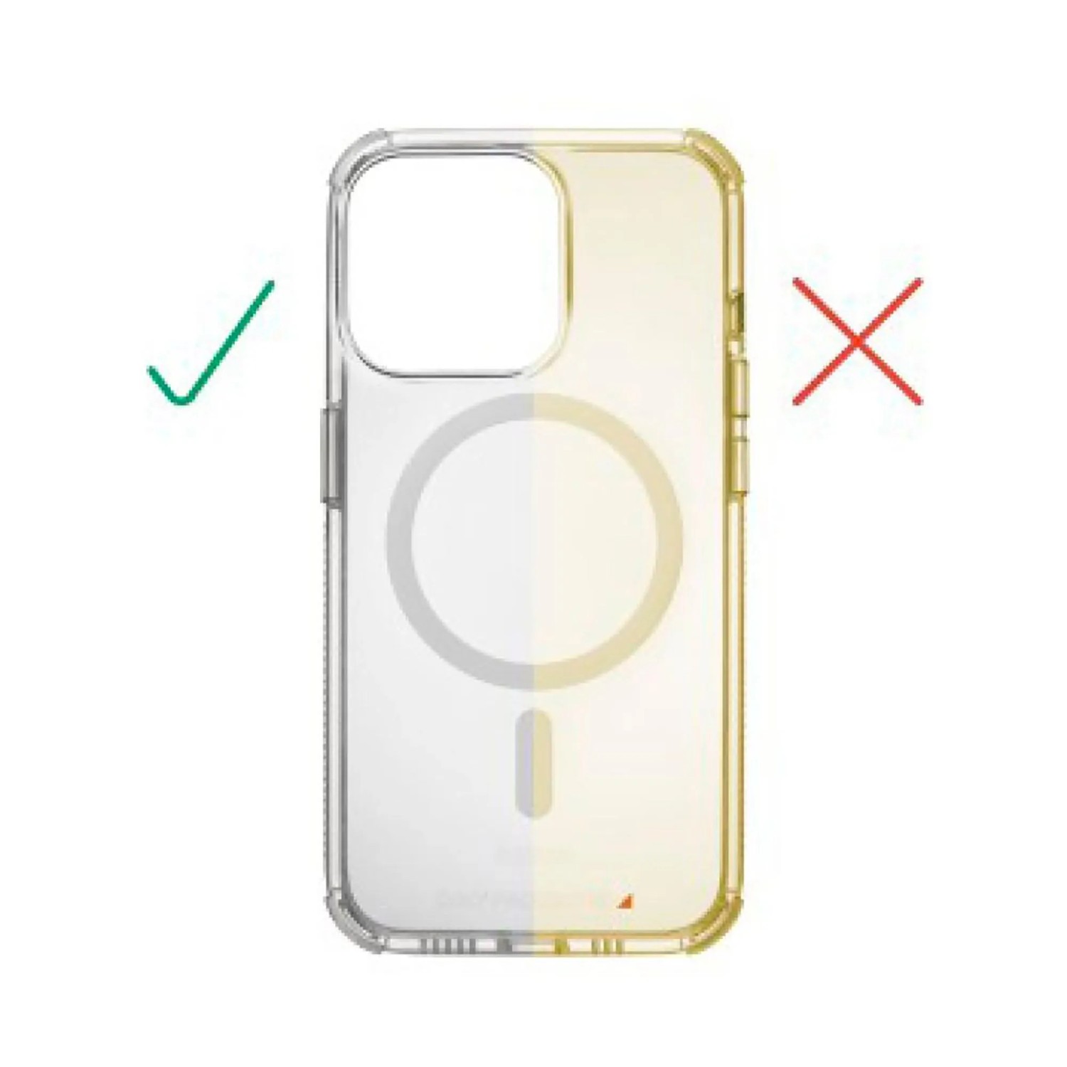 Hama MagCase Extreme Protect Handyhülle für iPhone 15, transparent. Links klar, rechts vergilbt. Demonstriert Anti-Vergilbung.