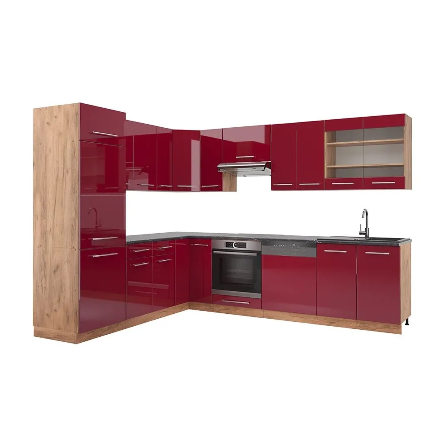 Vicco Eckküche Fame-Line Bordeaux Hochglanz/Goldkraft Eiche 287 x 82, AP Anthrazit