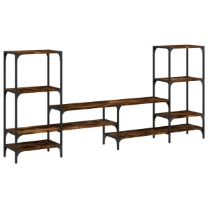 TV-Schrank in Räuchereiche Optik, 206,5 cm breit, mit offenen Regalen aus Holzwerkstoff und Stahl.