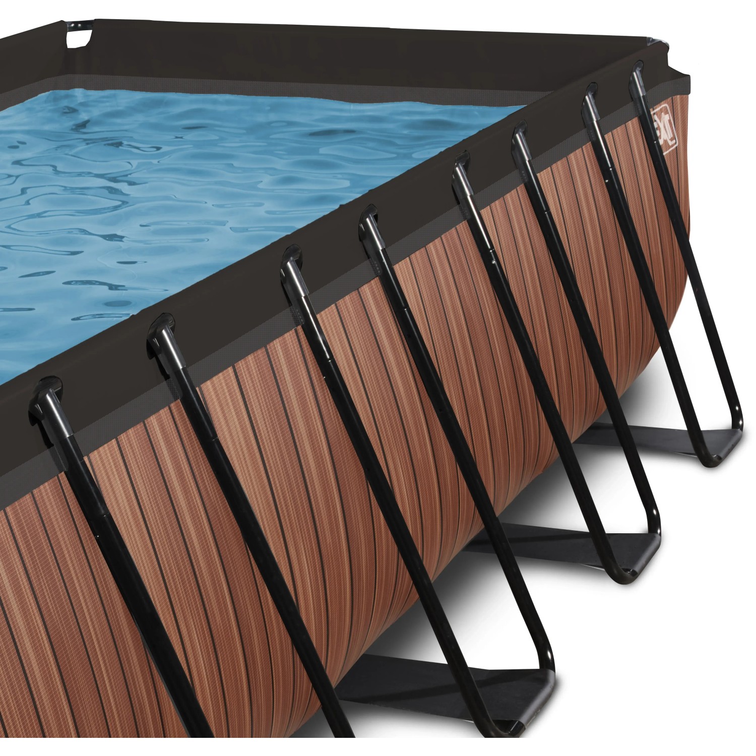 Detailansicht des braunen EXIT Wood Pool 400x200x100cm mit Stahlrahmen und Filterpumpe.