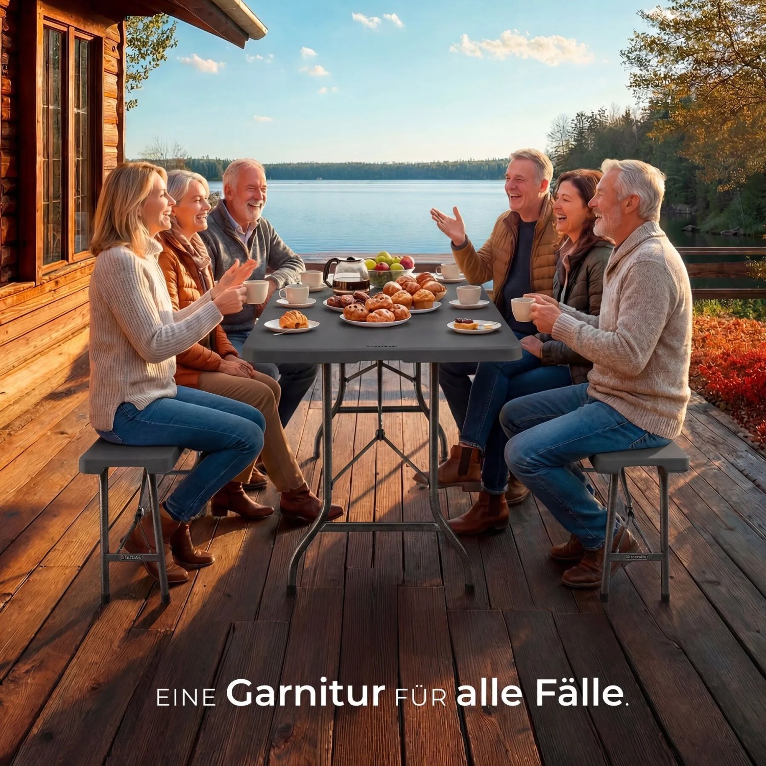 Anthrazit Campingtischgarnitur Panja, klappbar, mit 6 Personen am See. Robuster Kunststoff, wetterfest für Camping & Outdoor.