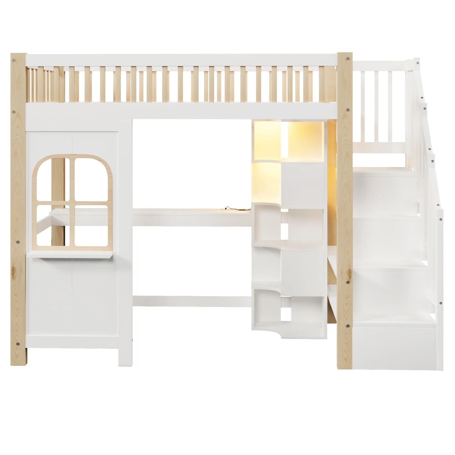 Merax Hochbett 90x200 cm Mit LED Fenstern Schreibtisch Steckdose Weiß Natur