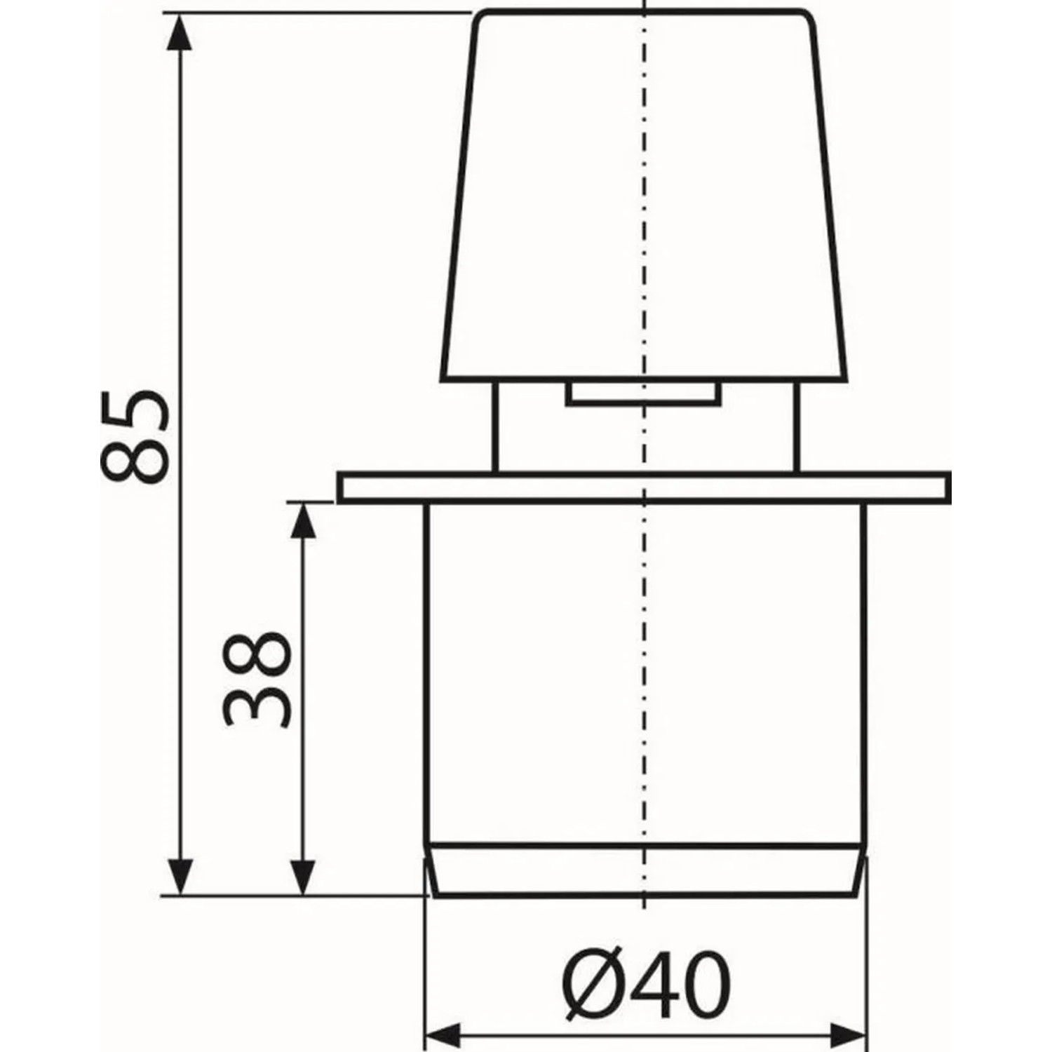 Technische Zeichnung AlcaDrain Rohrbelüfter DN40 mit Maßangaben für Installation.