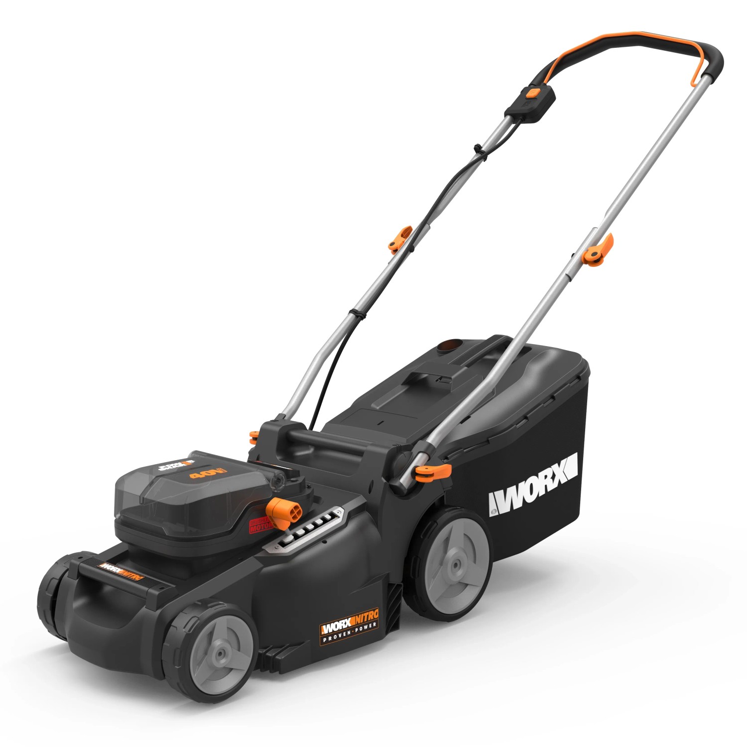 Worx Akku-Rasenmäher 2-in-1 WG737E Nitro 40 V mit Fangsack, seitliche Ansicht.