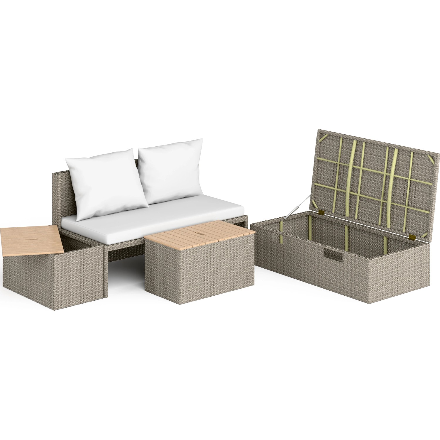 4-tlg. Lounge-Set Bostonia aus Polyrattan in Hellbraun mit Stauraum und weißen Polstern.