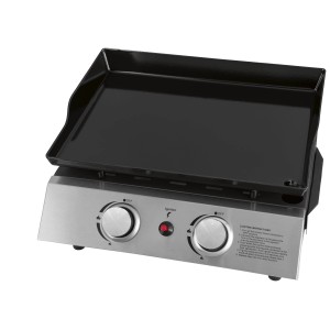 Justus BBQ Grill Plancha mit 2 Brennern aus Edelstahl und schwarzer Grillfläche.