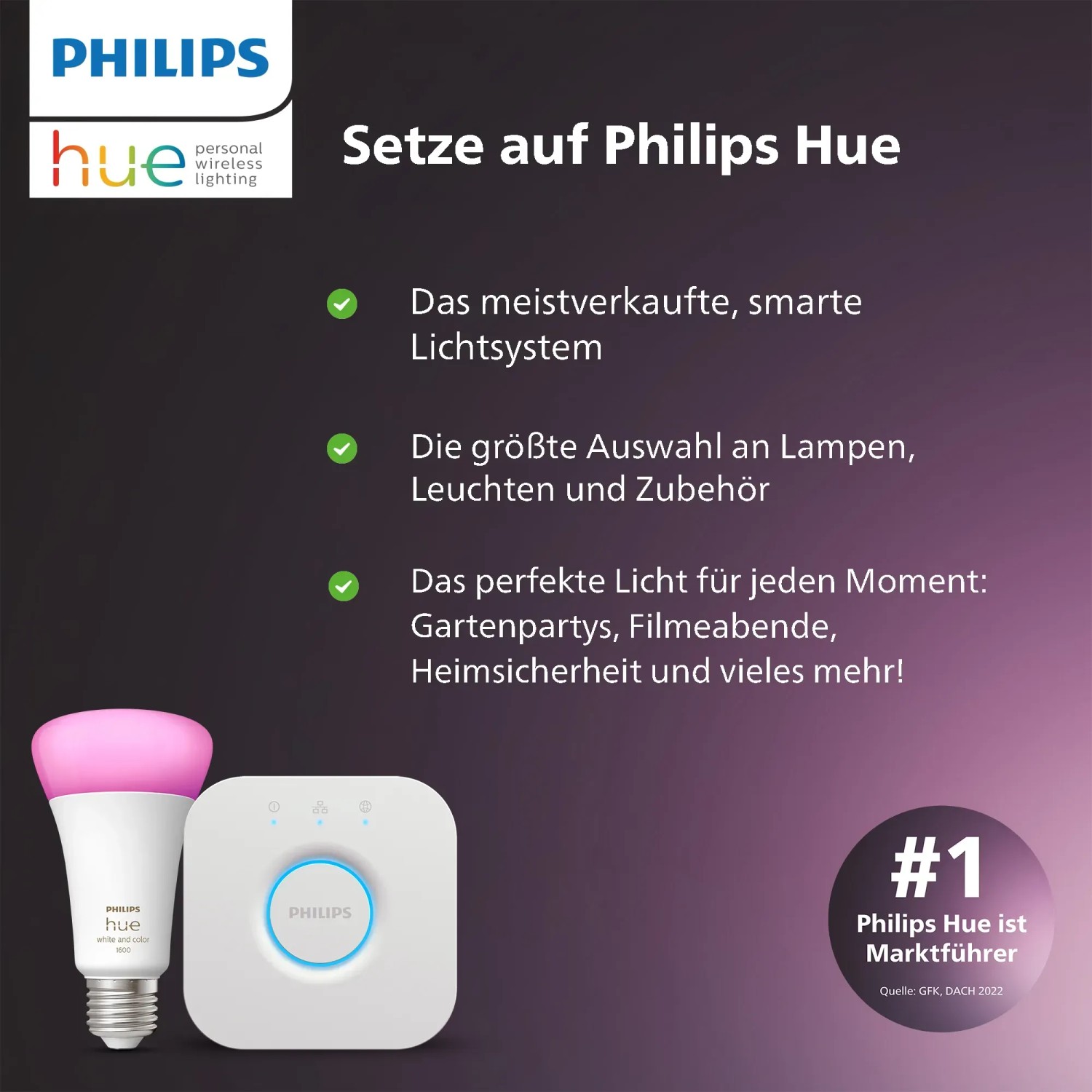 Philips Hue E14 LED Lampe mit weißem Licht und Bridge für smarte Beleuchtung.