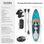 Tectake Palagios aufblasbares SUP Board Set: blau-orange Board, Paddel, Kajak-Sitz, Rucksack, Kamerahalterung. Maße.
