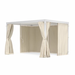 Blumfeldt LuminaHaven Pergola 3x4 m in Weiß mit Vorhängen und Moskitonetzen.
