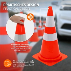 Oranger 75 cm Verkehrsleitkegel mit zwei reflektierenden Streifen, Griff und breiter Basis für Verkehrssicherung.