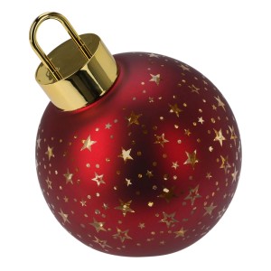 Rote Weihnachtskugel aus Glas mit goldenem Sternenmuster und LED-Beleuchtung. Ideal für festliche Weihnachtsdekoration.