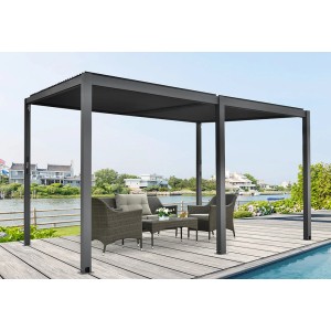 Anthrazitfarbene Floraworld Pergola mit Lamellendach und Gartenmöbeln auf einer Terrasse.