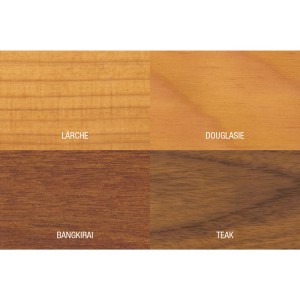 Farbmuster von Bondex Intensiv-Öl Teak auf Lärche, Douglasie, Bangkirai und Teak.