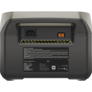 Rückansicht der EcoFlow River 2 Max Powerstation mit Anschlüssen und technischen Daten.