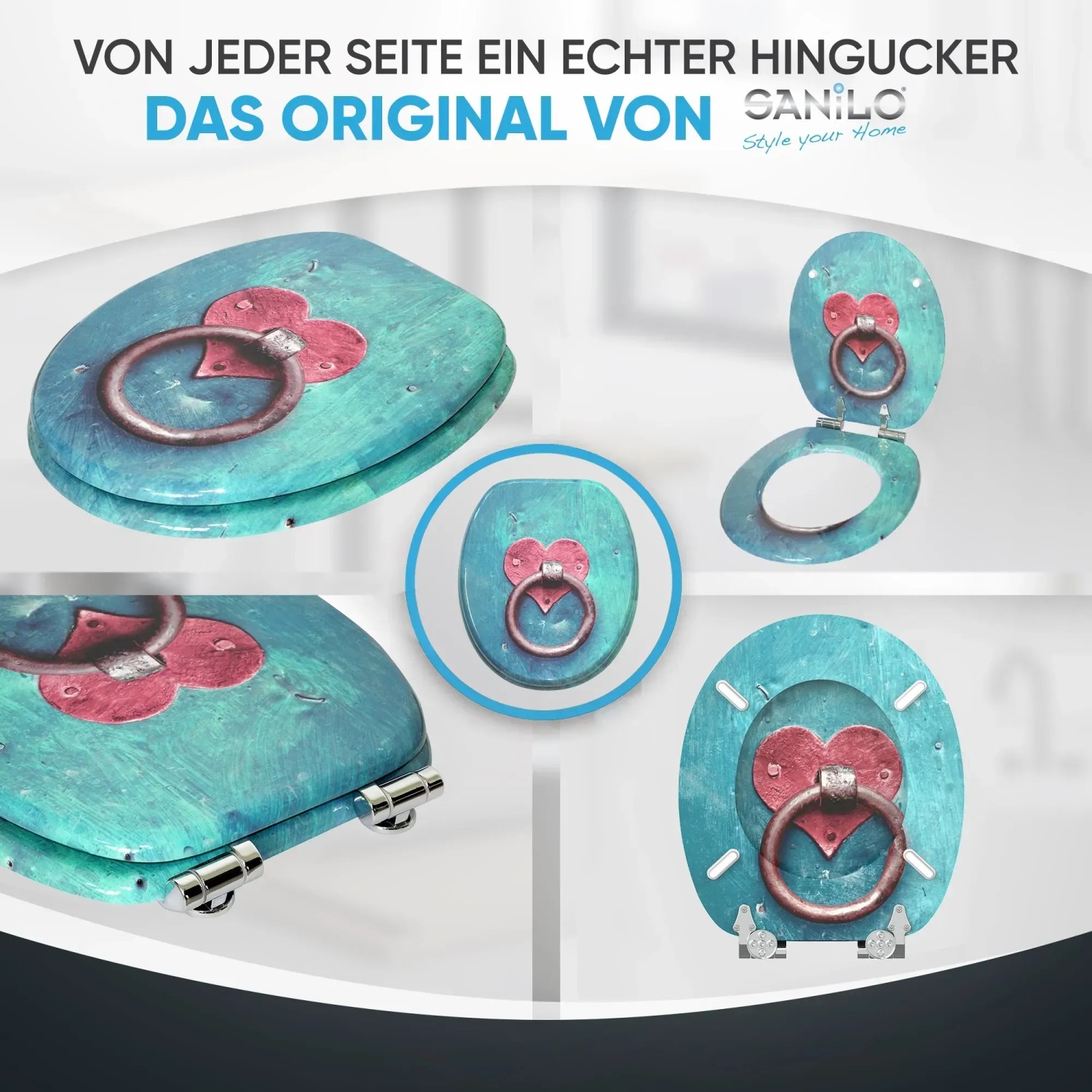 Sanilo WC-Sitz Knocker aus Holz mit Absenkautomatik, verschiedene Ansichten.