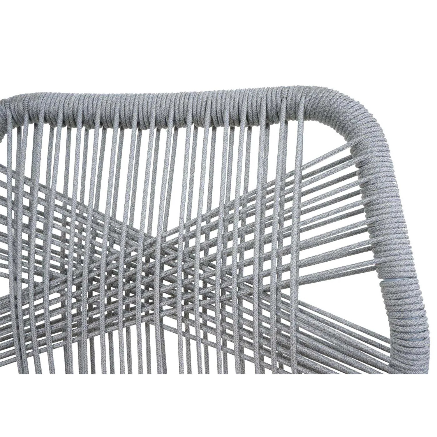 Detailaufnahme des hellgrauen Seilgeflechts eines modernen Proregal Barhockers. Zeigt das Rope-Design der Rückenlehne.