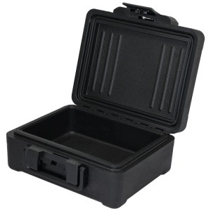 Offene schwarze HMF Dokumentenbox, feuerfest und wasserdicht, mit Schloss. Ideal für DIN A4 Tresor.