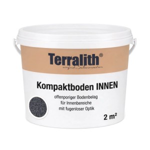 Weißer Eimer Terralith Kompaktboden Metallic Schwarz für 2 m². Zeigt die feine, offenporige Struktur des Steinteppichs.