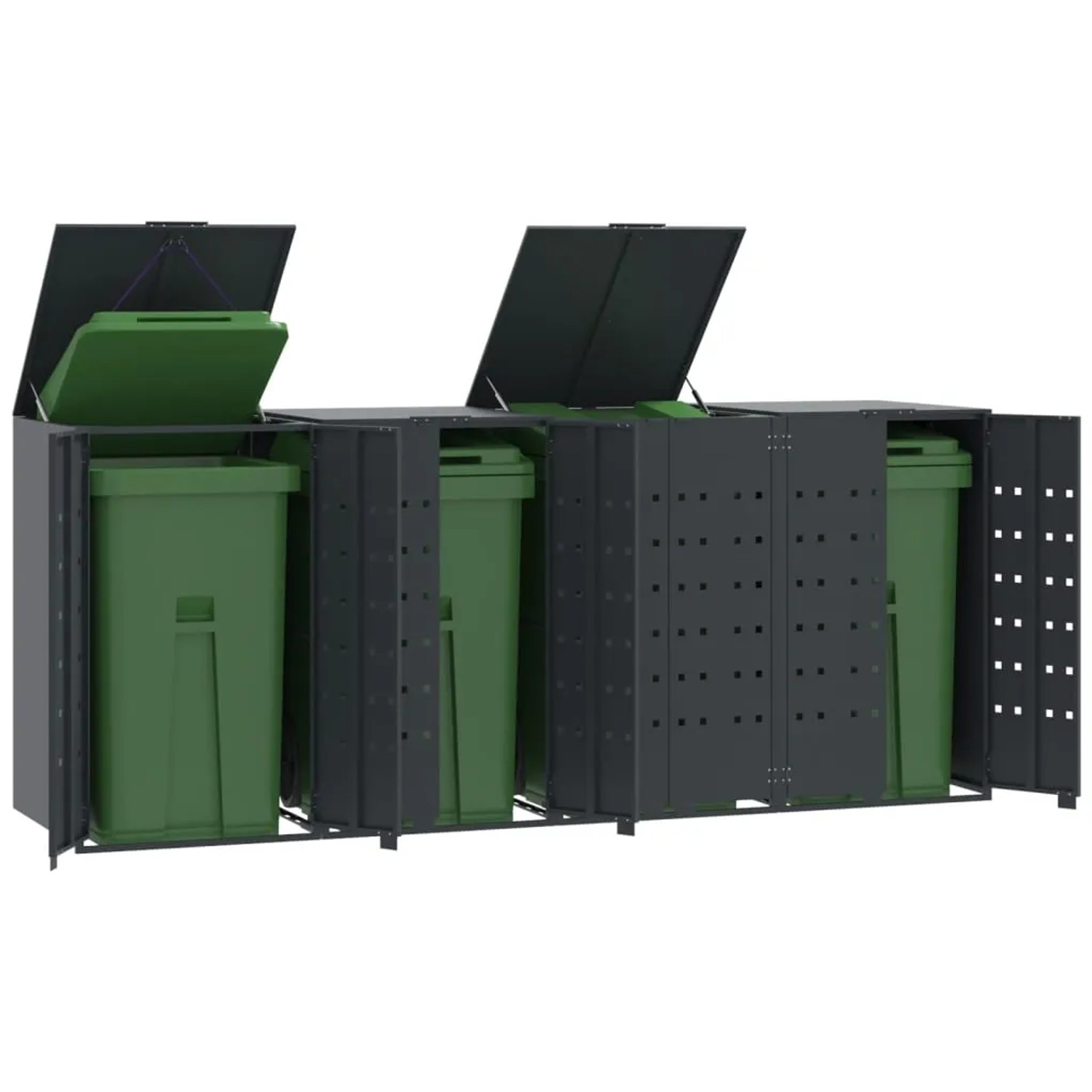vidaXL Mülltonnenbox für 4 Tonnen in Anthrazit aus Stahl, mit geöffneten Deckeln und grünen Mülltonnen.