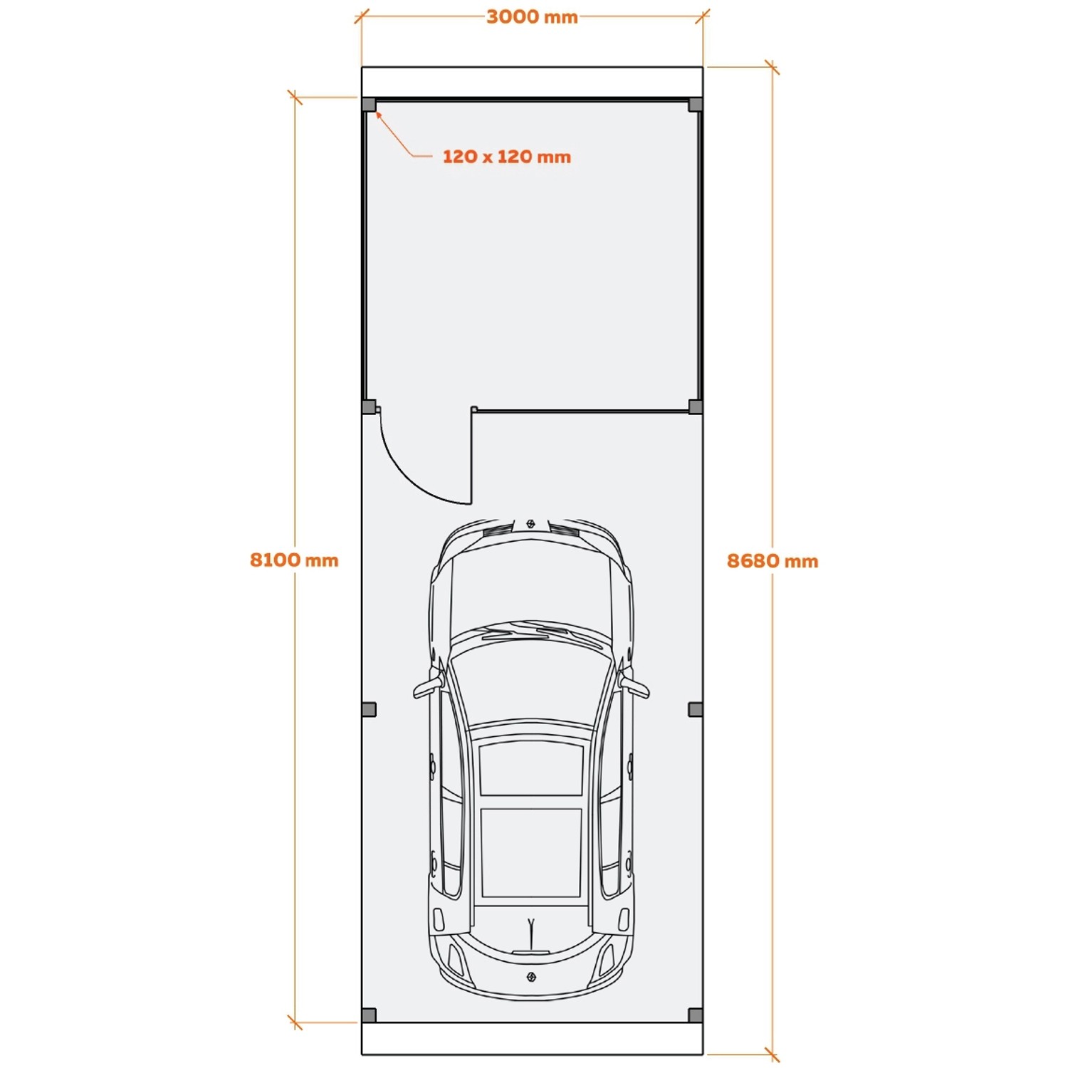 Grundriss Holzbrüder Carport Ralf mit Geräteraum, 300x868cm, Reinweiß/Dunkelbraun. Inklusive Auto.