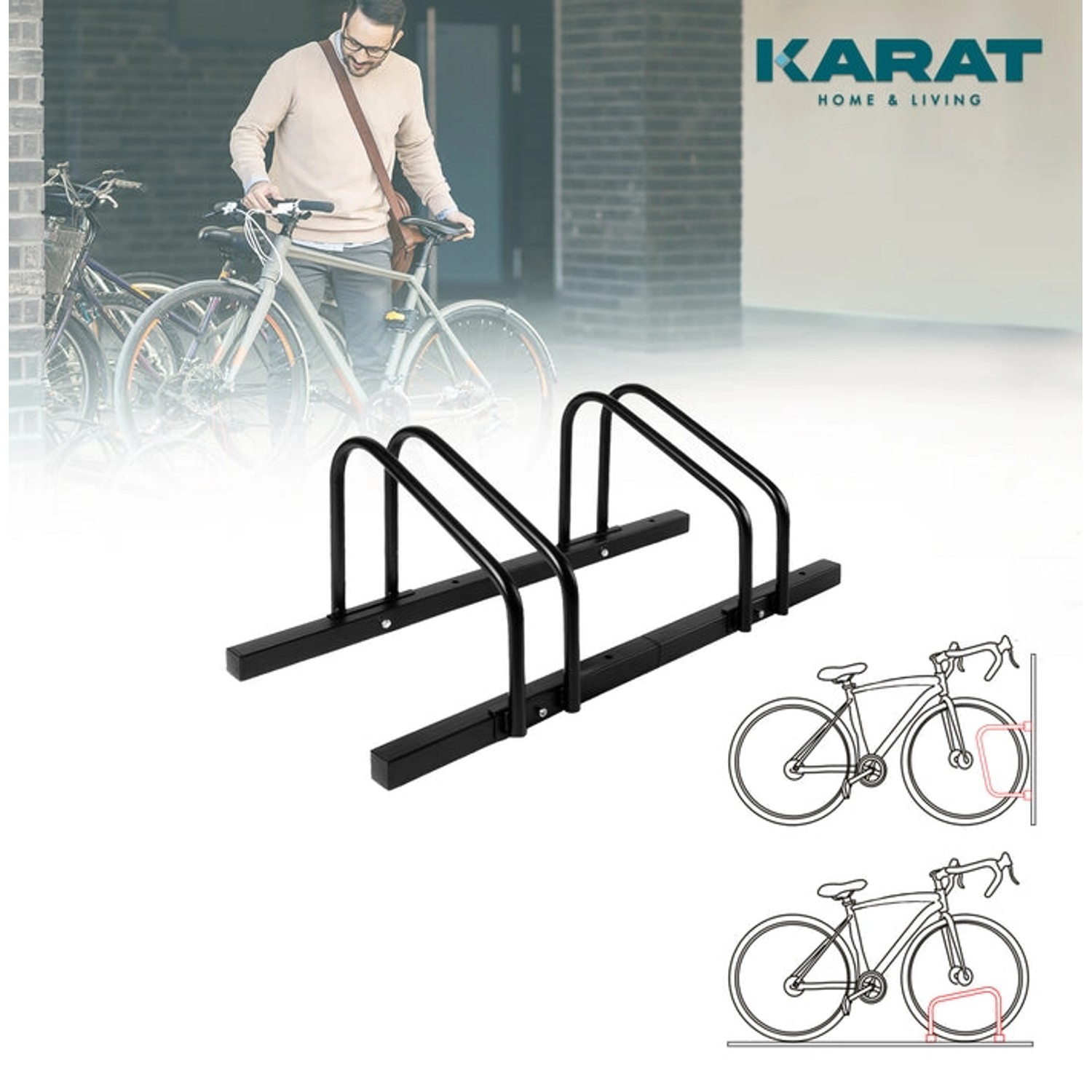 Schwarzer KARAT Fahrradständer Linus für 2 Fahrräder, zur Boden- oder Wandmontage.