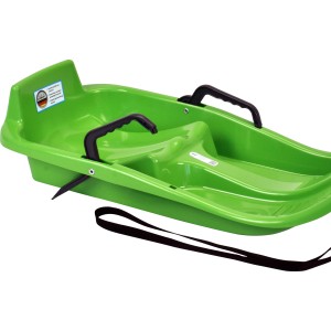 Grüner KHW Minibob Schlitten mit schwarzen Kunststoffbremsen und Zugband.