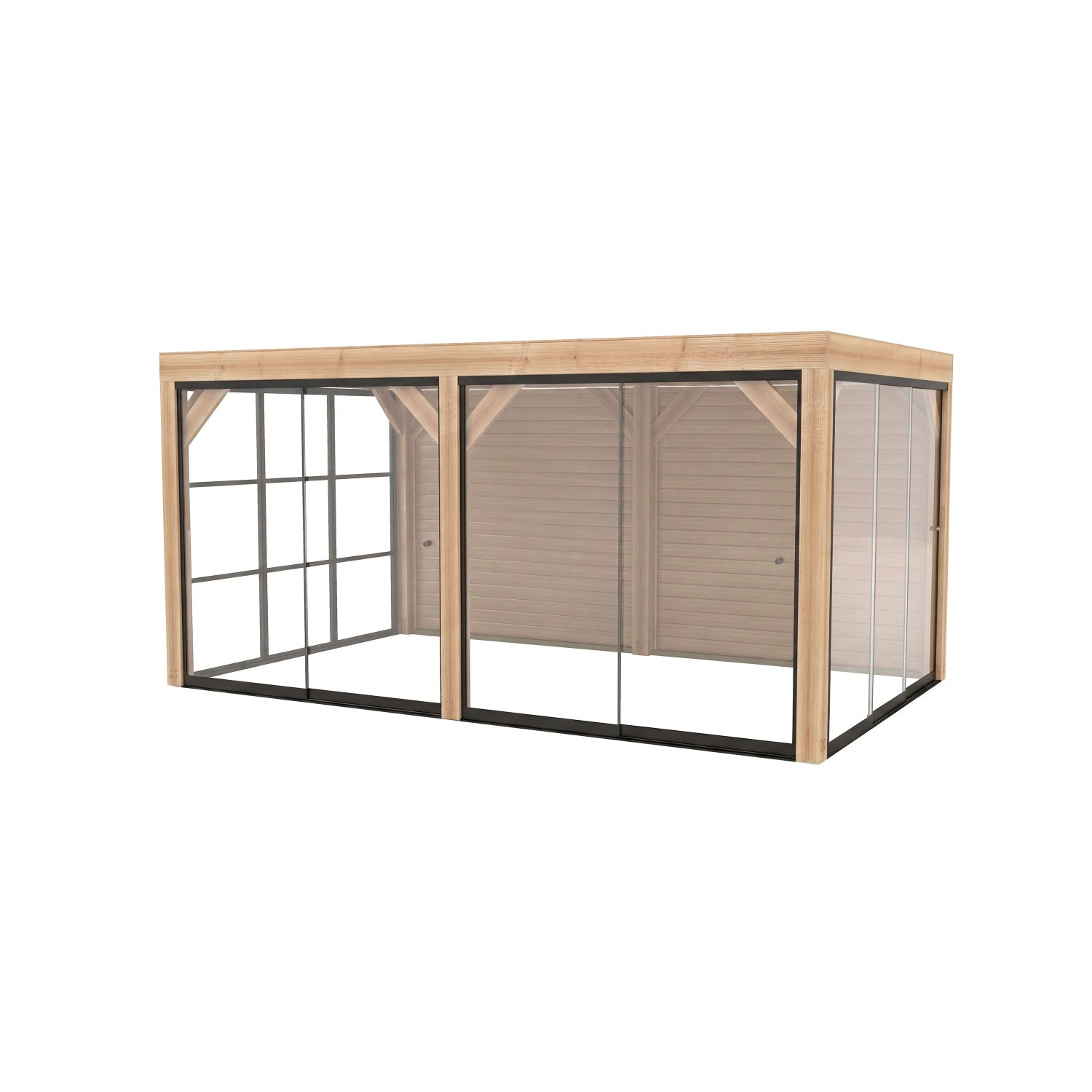 Moderne weka Gartenlaube Lumley aus Fichte mit Flachdach, 3 Glasschiebetüren und Holzwänden für Terrasse.