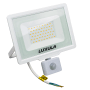 Weißer LUXULA LED Strahler 50W mit Bewegungsmelder für Außen, warmweißes Licht.